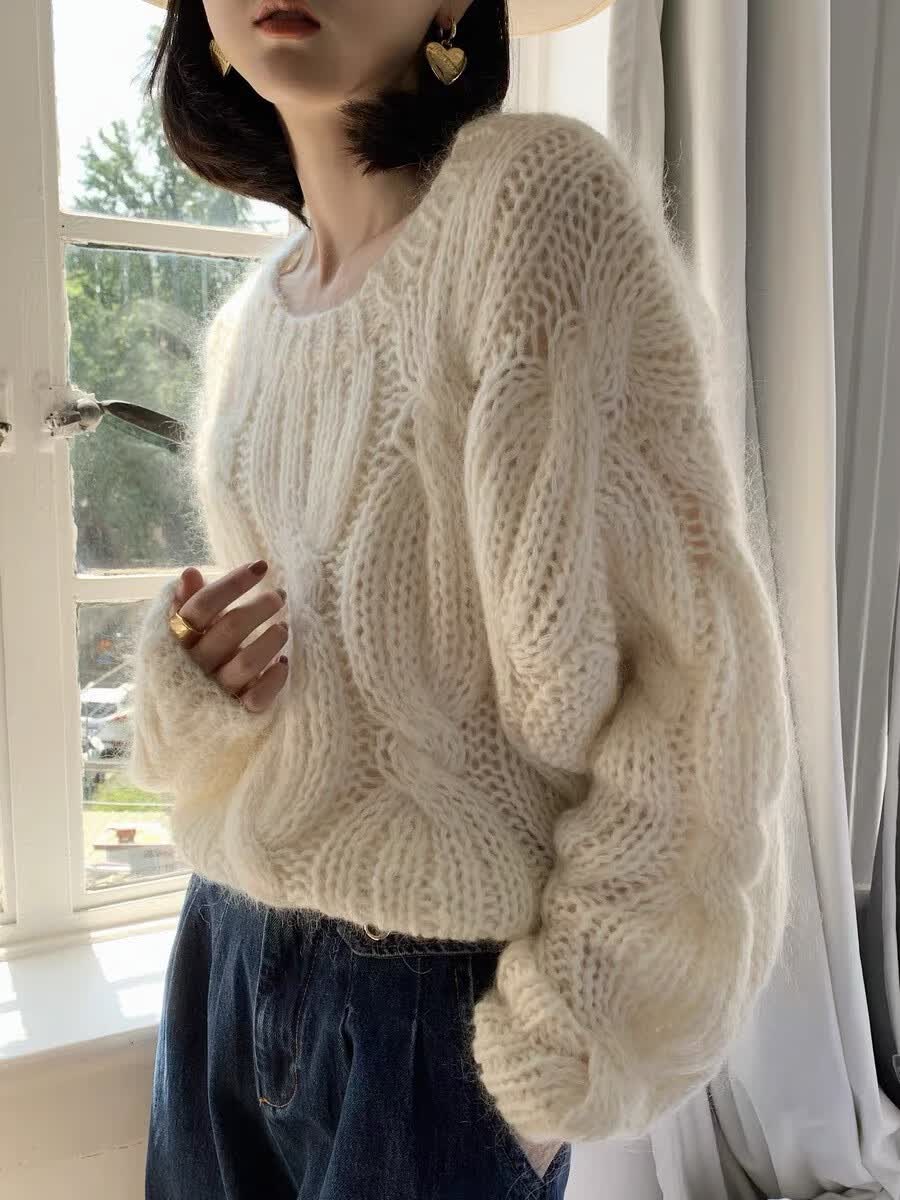 凉鸳纯手工编织毛衣女早秋新款麻花圆领羊毛马海毛套头上衣纯色百搭上