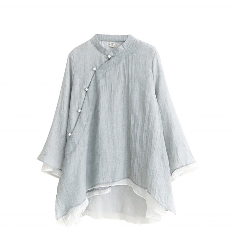 女套装春夏复古中式禅修唐装中国风改良汉服上衣茶服 灰色九分袖上衣