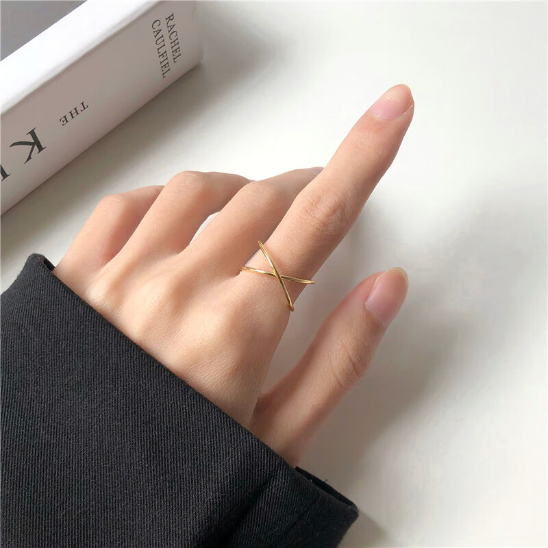 昂比熊韩国气质简约ins风极简金属交叉戒指女小众仙少女食指戒女 金色