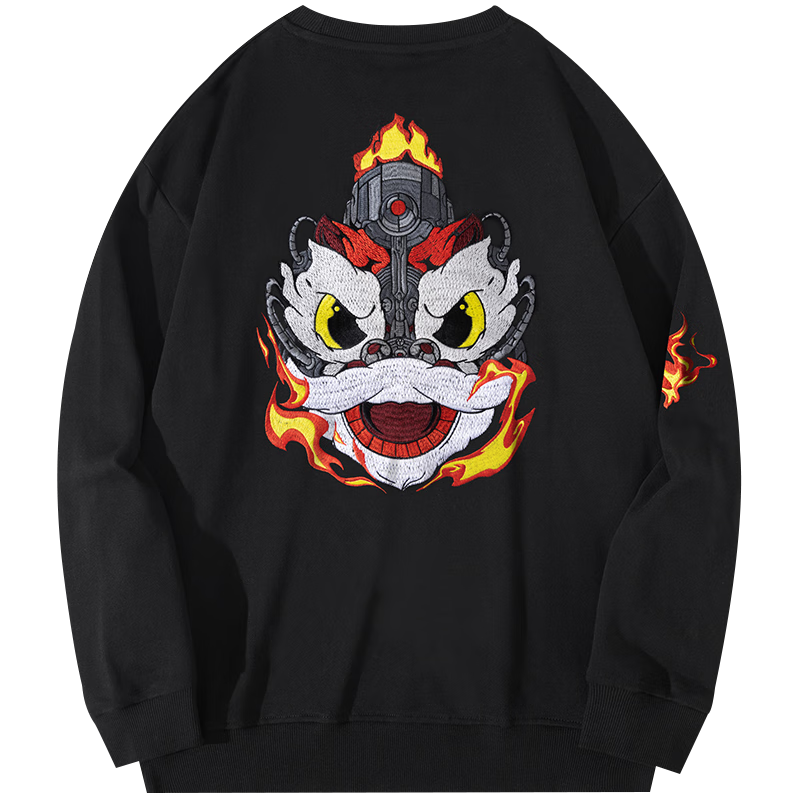 天龙致尊denon supreme卫衣男女潮牌国潮机械醒狮刺绣宽松中国风情侣