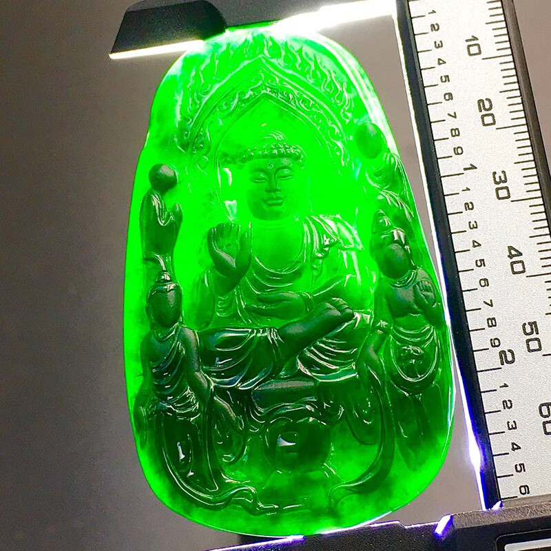 发源地 老坑帝王绿底色墨翠万佛朝宗吊坠 手工雕刻翡翠玉佩玉石珠宝