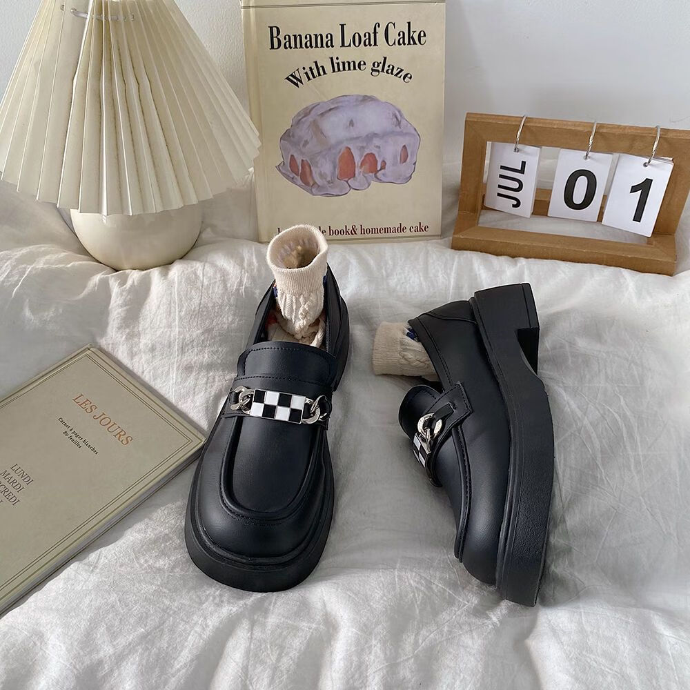 皮鞋2023新款百搭英伦风厚底格子一脚蹬乐福鞋女 黑色 35(关注优先发)