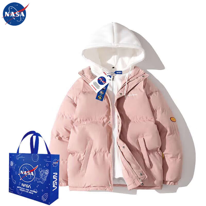 NASA官方联名2022新款冬季棉衣外套男假两件连帽加厚潮牌情侣款oversize上衣女犀牛贵宾 粉色 M