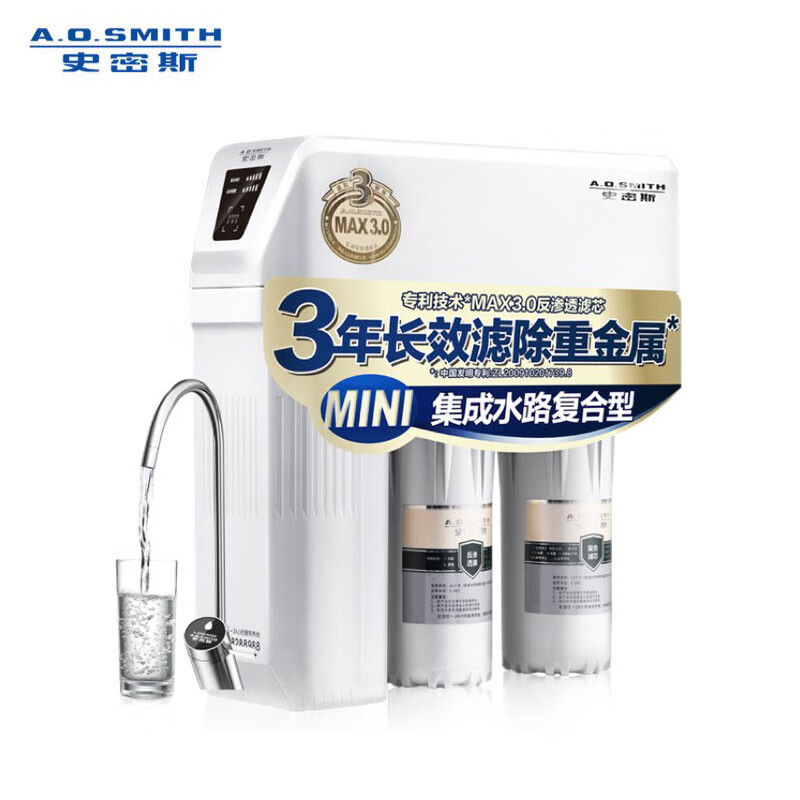 史密斯(A.O.Smith)家用净水器 有效滤除病毒及重金属 1.6升/分钟 无桶大流量 净水机 1600M 家电