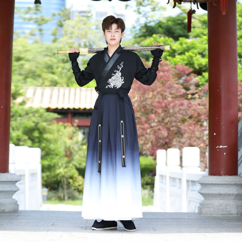 JXZP帅气古风明制汉服男飞鱼服整套青少年汉服汉服士锦衣卫新款渐变中 872黑上衣+渐变下裙腰带 M怎么看?