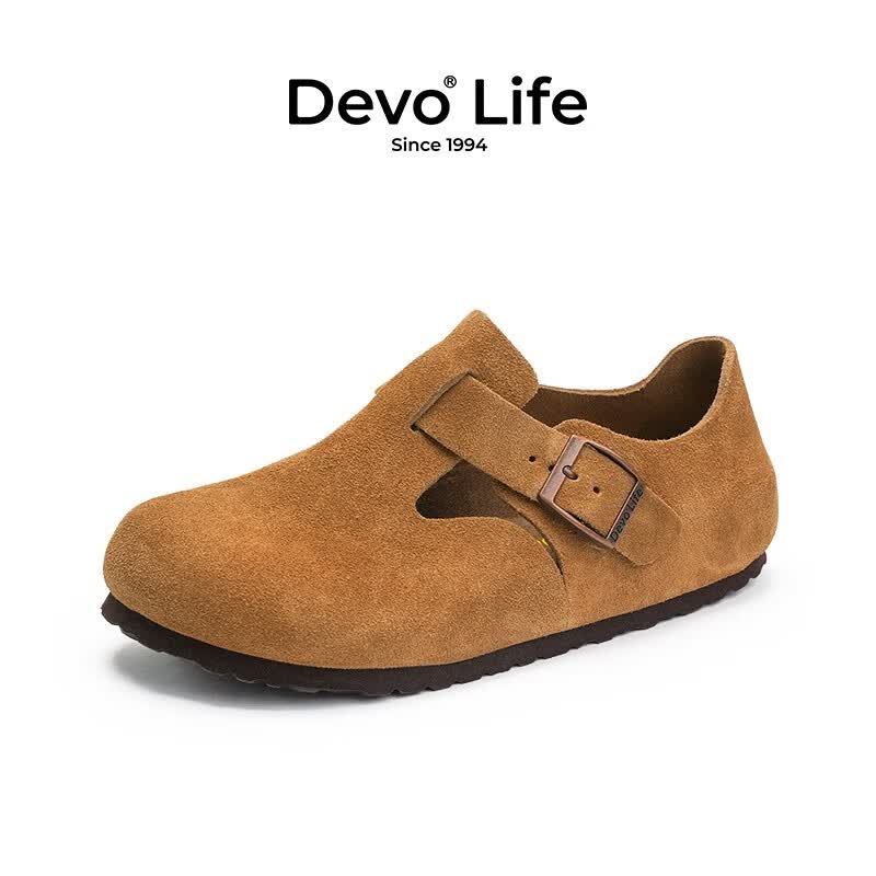 Devo Life的沃软木鞋女休闲反绒平底复古单鞋圆头单鞋复古情侣鞋66008 黄棕反绒牛皮 37高性价比高么？