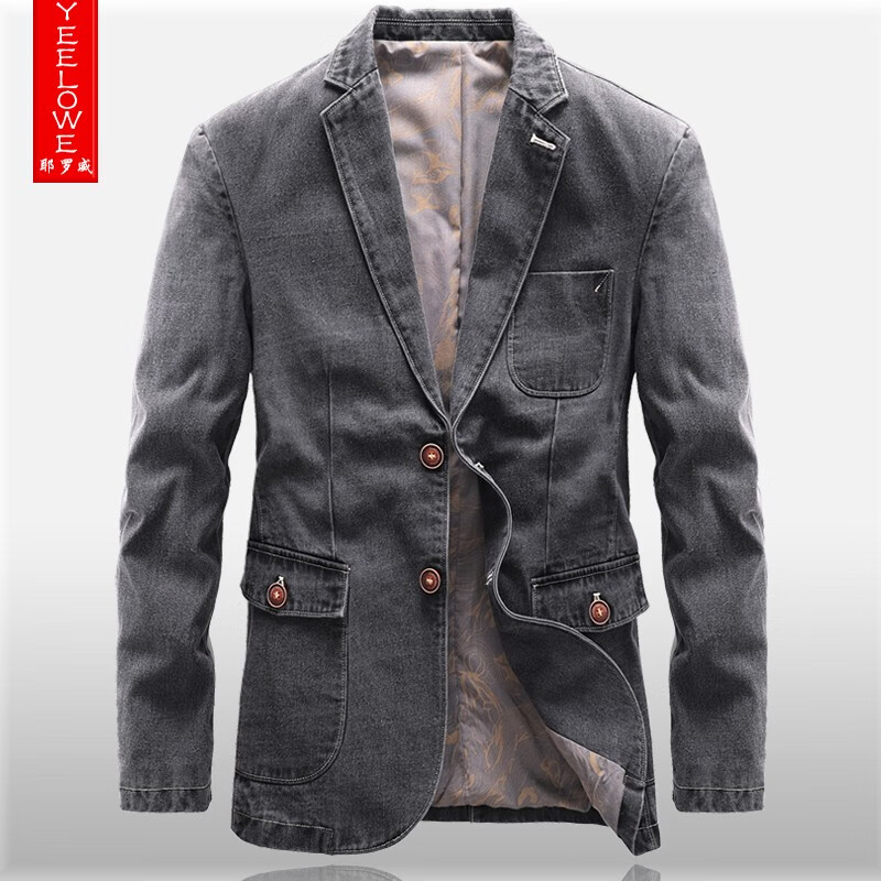 耶罗威西服男外套男新款韩版潮流棉质牛仔西装青年休闲衣服宽松大码外套 古灰色 S 【建议160CM】