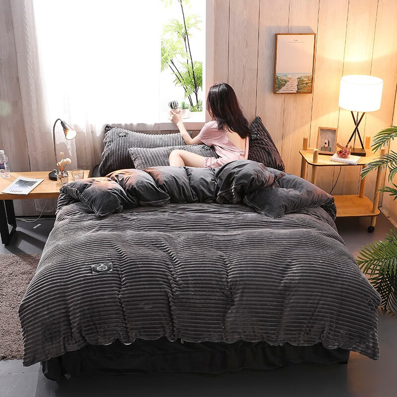 芙姿馨家纺 魔法绒四件套加厚保暖纯色简约牛奶绒珊瑚绒双人冬季四件套床单被套 浅灰 1.8米床  被套200*230cm