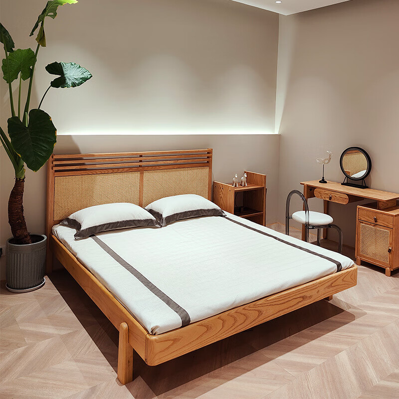 8米侘寂风原木色配藤艺酒店公寓简约卧室家具 原木色普通床 1.8*2米