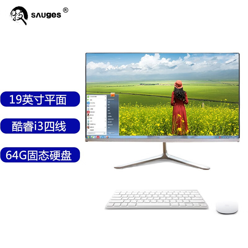 圣技仕 (SAUGES)一体机电脑窄边框四核19-24英寸酷睿办公商务家用设计游戏电竞LOL吃鸡整机 19英寸平面酷睿i3/2G内存/64G固态套餐1