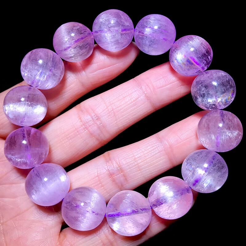 豪迎紫锂辉石手链女 冰种透体淡紫色猫眼水晶单珠手串 配多宝 053