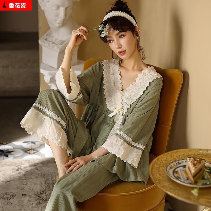 香花姿 睡衣女春秋长袖棉v领纯色公主风可外穿家居服套装可外穿 2992