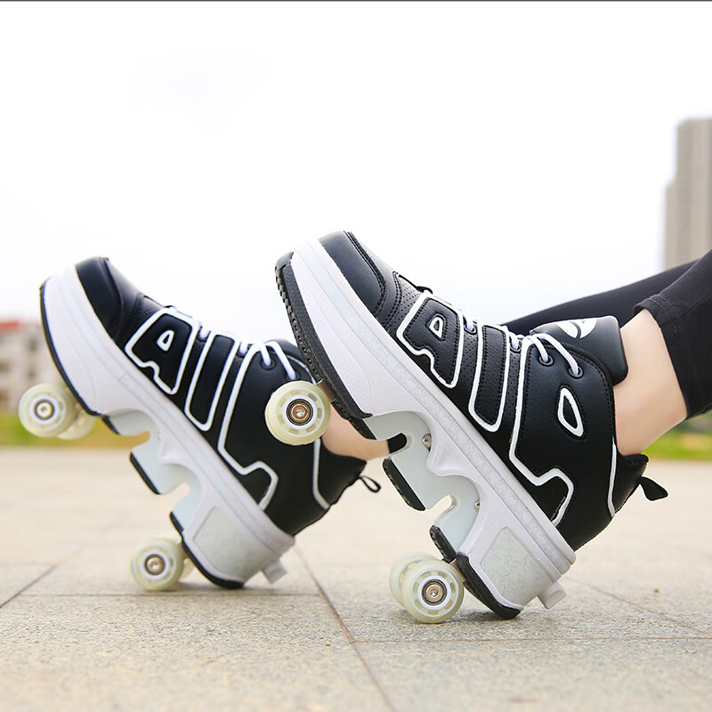 佩伦纳变形暴走鞋四轮男童女童双轮排儿童带轮滑成年人滑轮运动鞋可收放 1208黑色 四轮 34