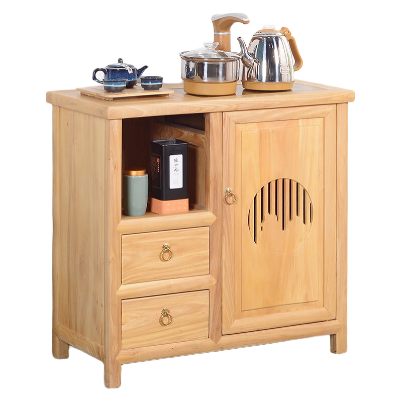 瑞呈堂（RUICHENGTANG）茶水柜實(shí)木帶燒水壺中式移動(dòng)茶水臺置物架原木色 A款實(shí)木門(mén)原木色+全自動(dòng)電磁爐