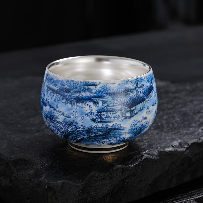 青天问月主人杯单杯鎏银杯999纯银包银陶瓷功夫茶具茶杯个人轻奢品茗礼盒 鎏银罗汉杯-千里江山+礼盒 150ML