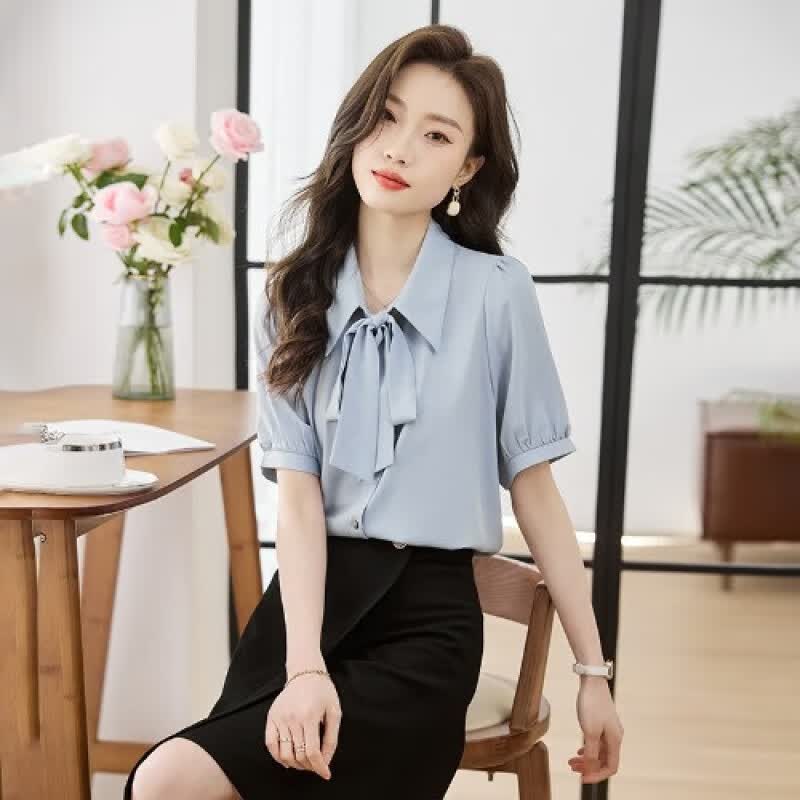 恩若凡办公室白领工作服夏季教师穿搭服装雪纺短袖白衬衫女教资事业