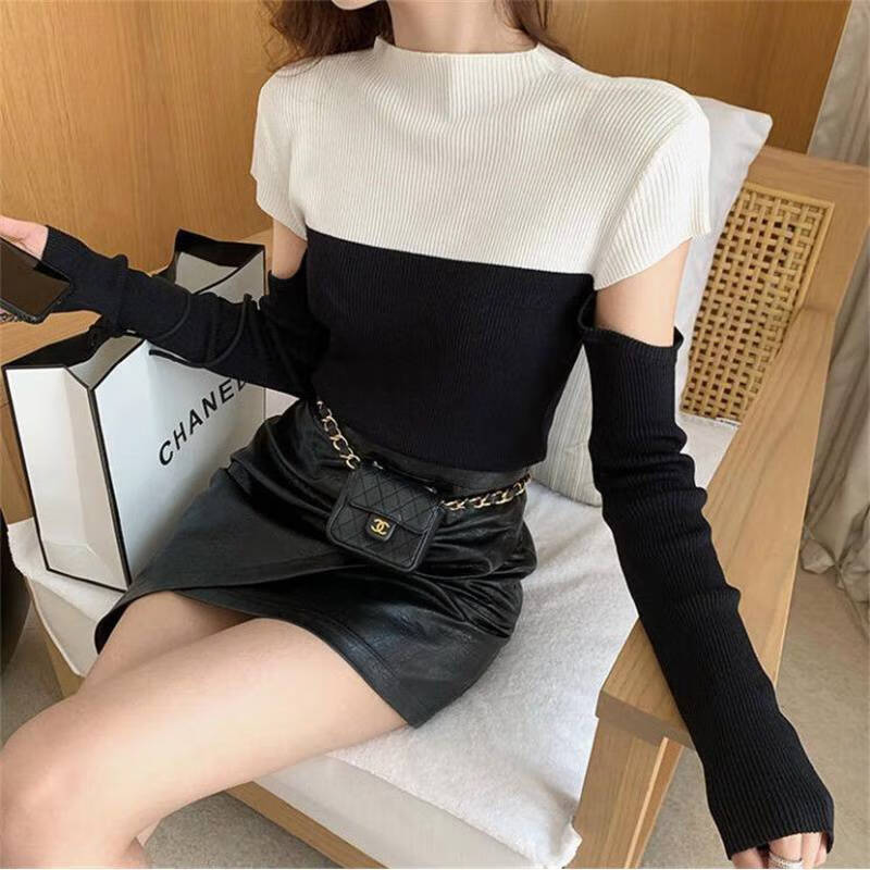 露肩膀的毛衣长袖针织衫性感毛线衫春秋季设计感黑白纯色露肩针织衫女