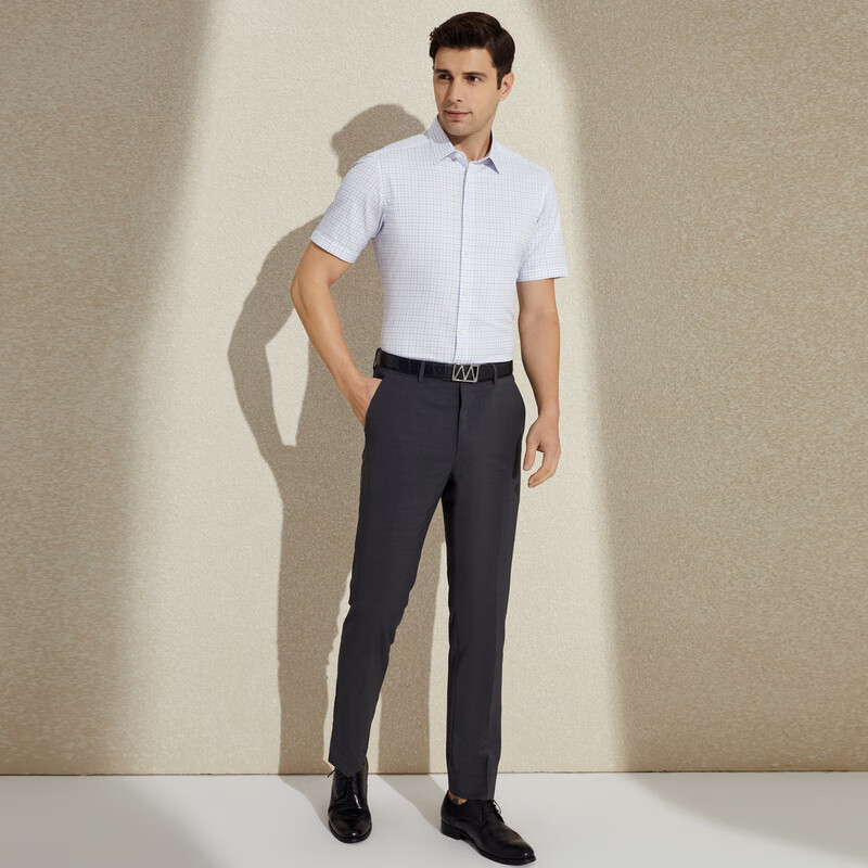 MAYOR男装衬衫 春夏ALUMO高支全棉面料大蓝白格商务短袖衬衫 蓝色 38