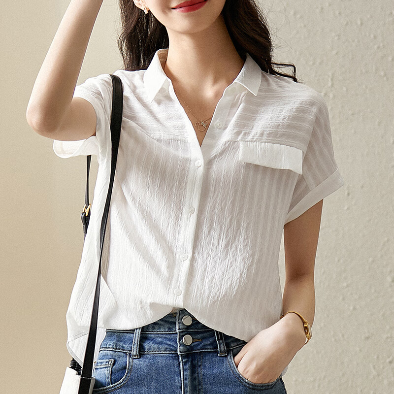 尚都比拉夏季优雅知性基础款上衣纯色提花条纹短袖衬衫女 白色 m
