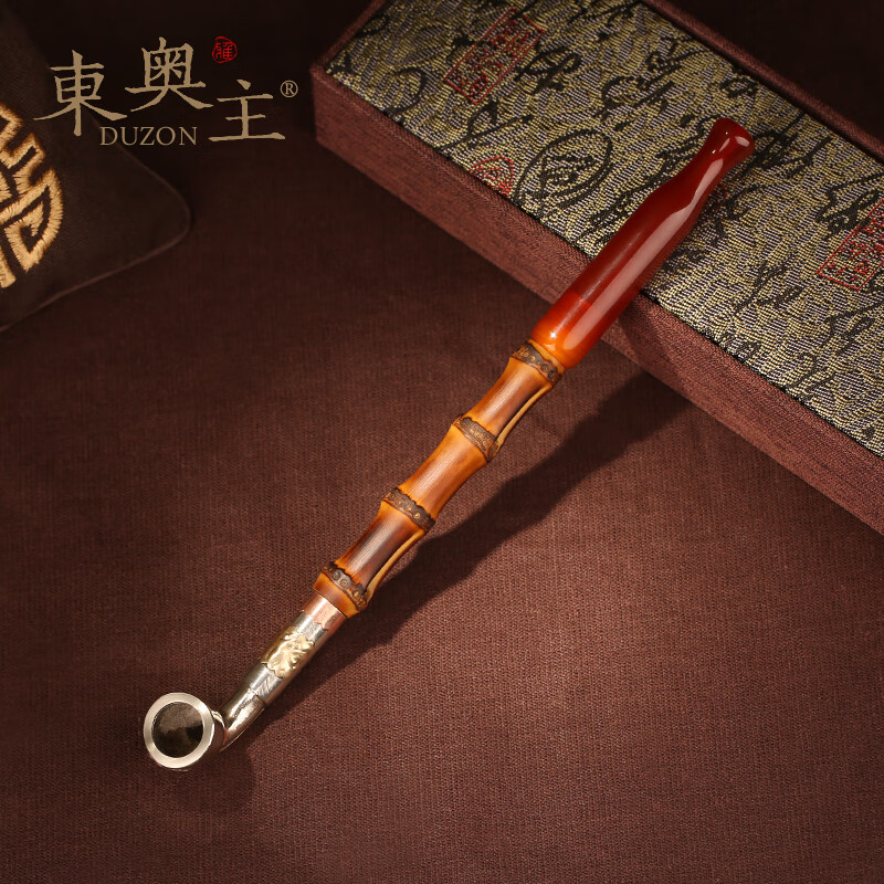 东奥主手工加厚白铜镶花烟锅子复古竹节长红玛瑙嘴旱烟袋老式黄铜男