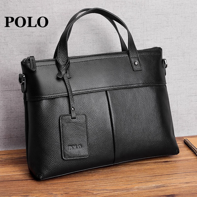 polo手提包男头层牛皮真皮男包商务通勤公文包大容量横款文件包 黑色