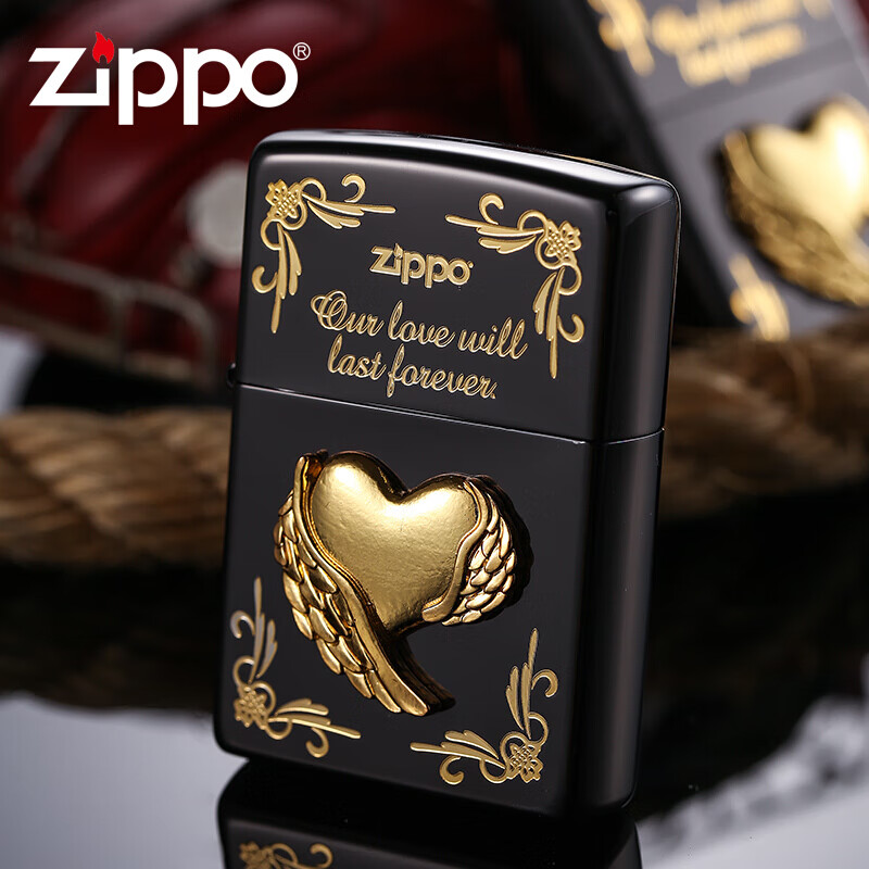 zippo打火机防风煤油之宝 黑色烤漆爱情系列永恒的爱金色贴章 zp打