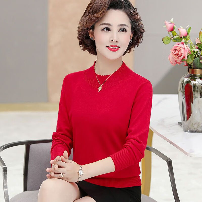 衫女薄款中老年装半针织上衣中年妈妈装秋冬长袖毛衣 红色256吉祥r l