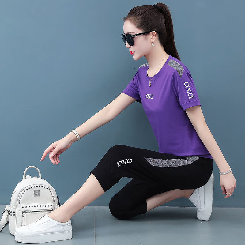 纯棉休闲运动服套装女天时尚减龄短袖装宽松两件套潮【夏季运动套装女
