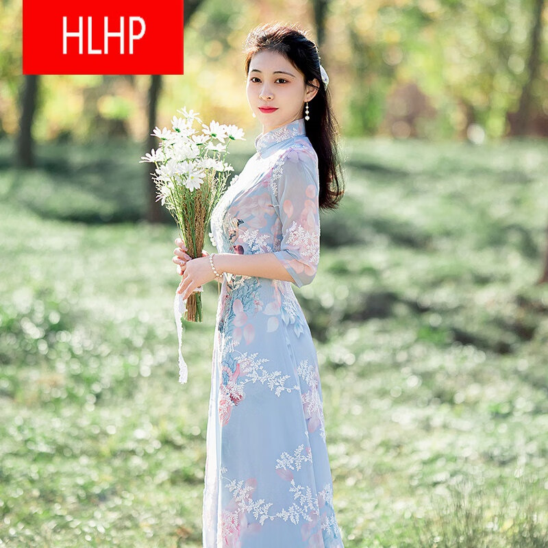 HLHP苏遇旗袍年轻款少女2022年夏季新款中长款奥黛刺绣现代风日常可穿 995  TY309蓝色 L105-115使用感如何?