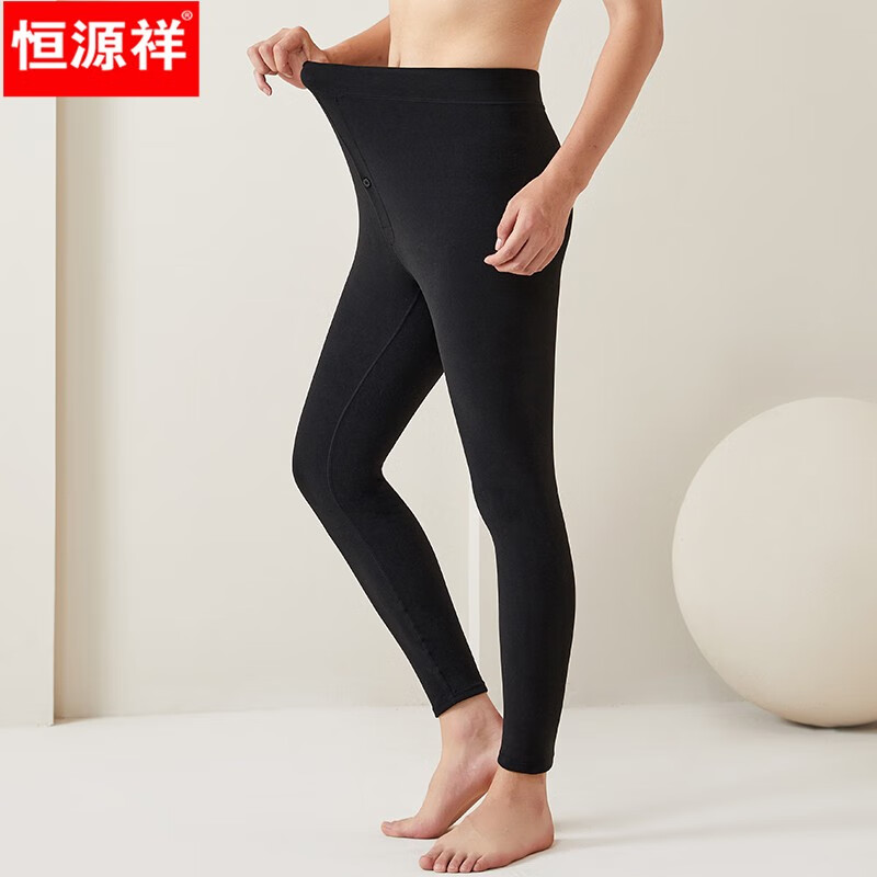 恒源祥男士加绒薄款冬季新品护膝保暖裤修身打底裤弹力高腰中老年秋裤 黑色480克 L (165) 建议(95-130斤)