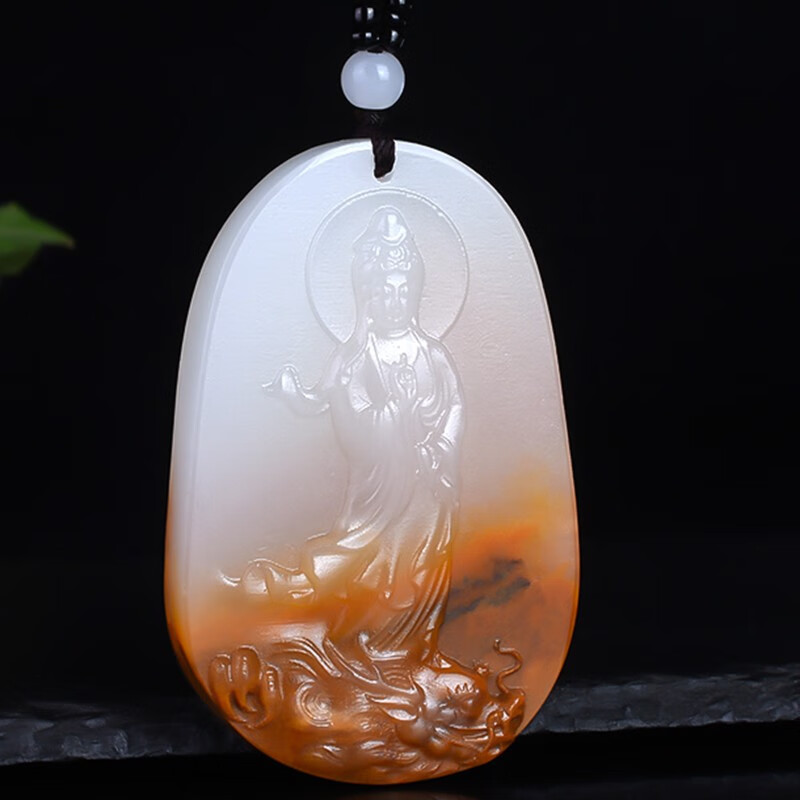 和乾玉新疆羊脂白玉观音籽料山料黄皮和田玉乘龙观音玉吊坠男款玉坠