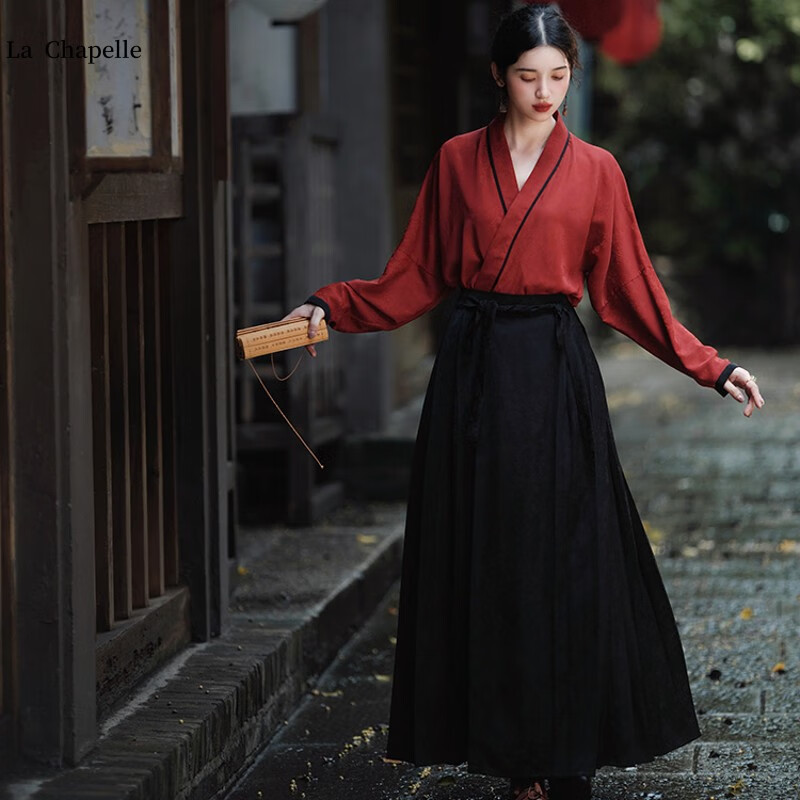 新款改良新中式汉服女古装仙气套装日常可穿显瘦 上衣 黑色提花马面裙