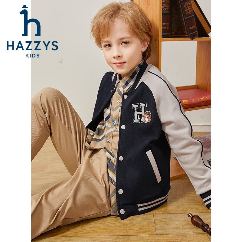 哈吉斯(HAZZYS)品牌童装男童外套秋新品弹力舒适时尚撞色休闲运动风棒球服 藏蓝 145