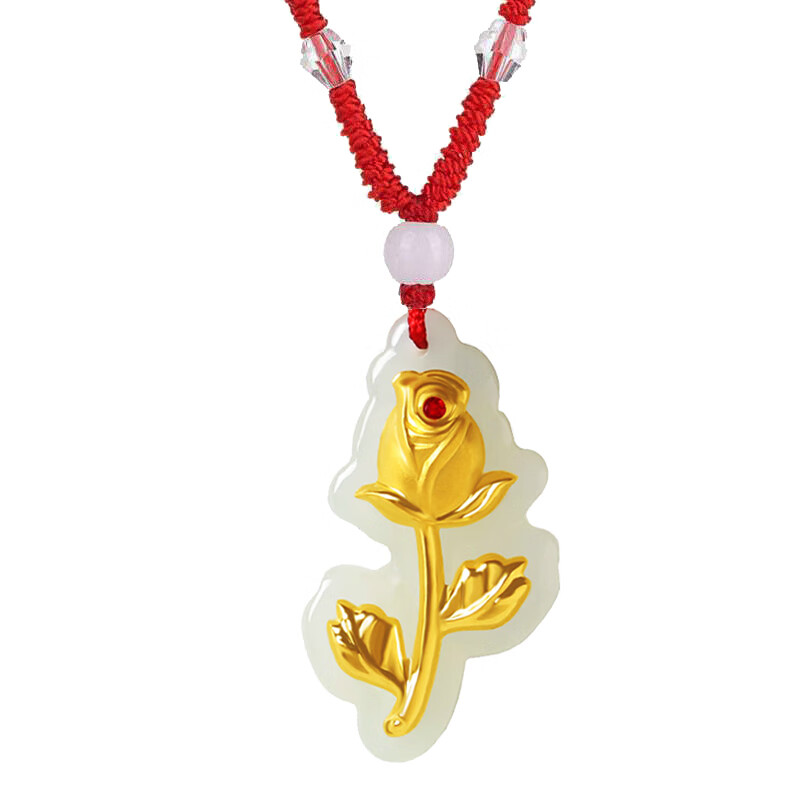 新款金镶玉足金玫瑰花天然和田玉女士项链 女生时尚吊坠送女友流行