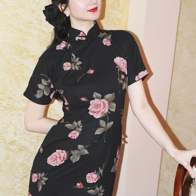 南显气质夏季新复古文艺平肩真襟雪纺长款老上海旗袍女被偏爱的玫瑰