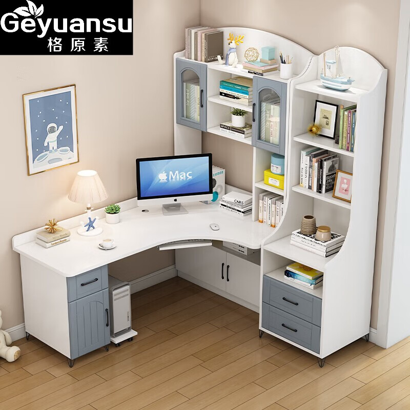格原素（geyuansu）2024新款 实木电脑桌家用卧室学习桌子写字台带书柜转角书桌书架 J款140长110桌椅套餐60cm书柜 组装