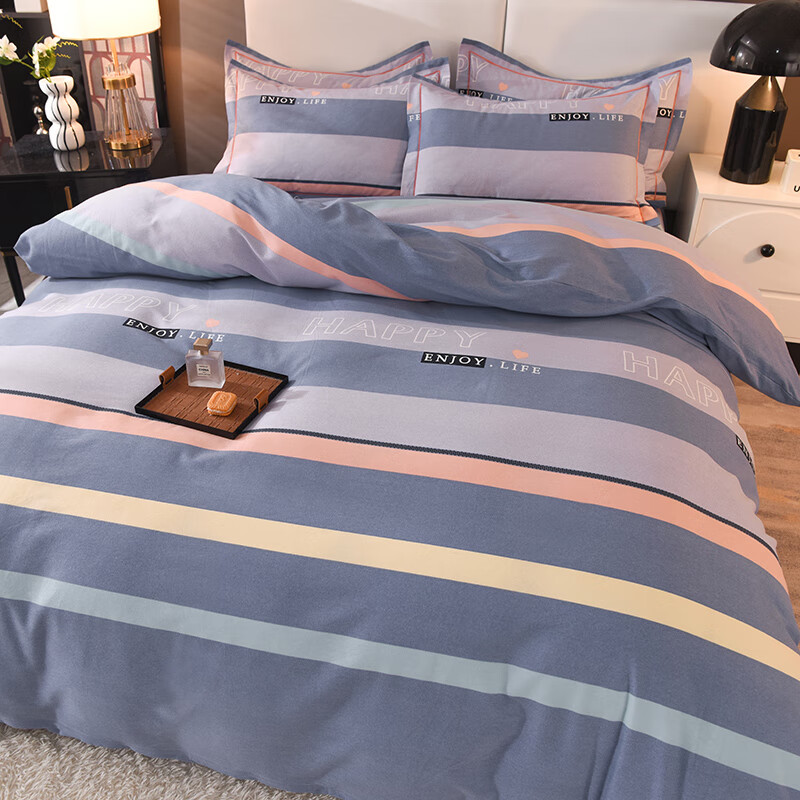 静之翔纯棉磨毛加厚床上四件套100全棉夏季宿舍床单被套双人秋冬被罩 小资生活-蓝 1.8m床四件套 床单款 被套200*230cm