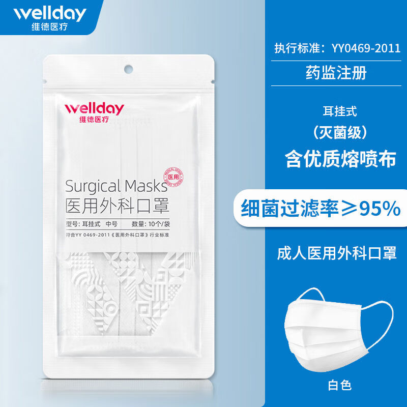 维德医疗口罩医外科一次性三层男女薄款无熔喷布夏季 外科口罩[白色]