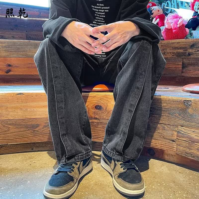 照乾gtrg裤子拼接牛仔裤男秋季高街痞帅宽松简约ins潮流百搭阔腿长裤