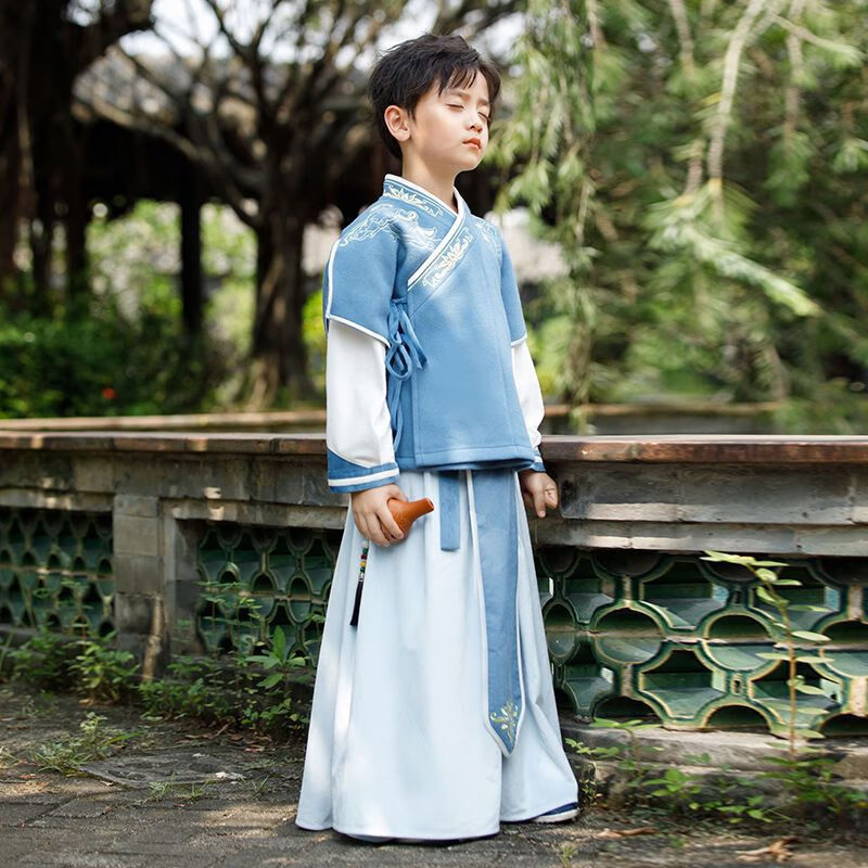 端木西儿童汉服男童套装薄款中国风套装演出刺绣帅气长袖小男孩两件套