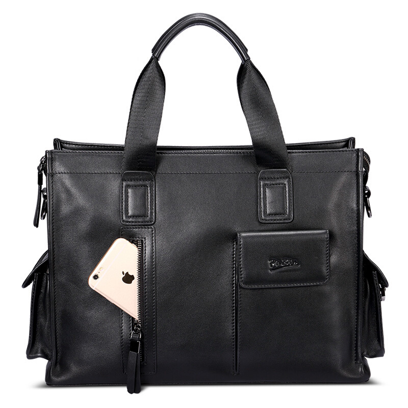 帕宾pabin 头层牛皮男包 商务休闲手提包单肩斜挎公文包电脑包PB006黑色