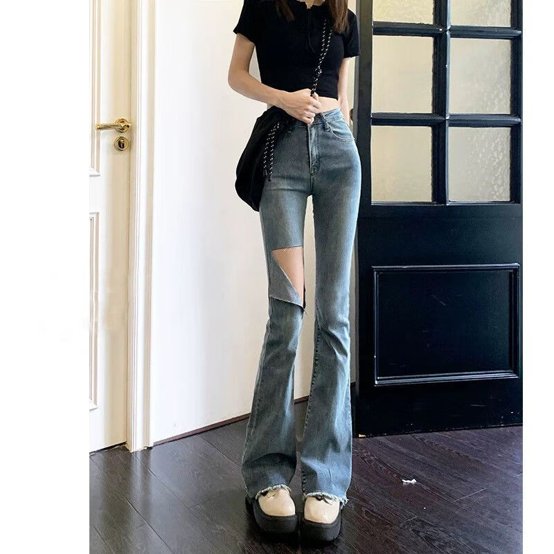 TNWKJLC毛邊微喇叭牛仔馬蹄褲女高腰顯瘦高腰毛邊破洞牛仔褲女2023春夏新 復(fù)古藍(lán)--破洞--長褲 XS