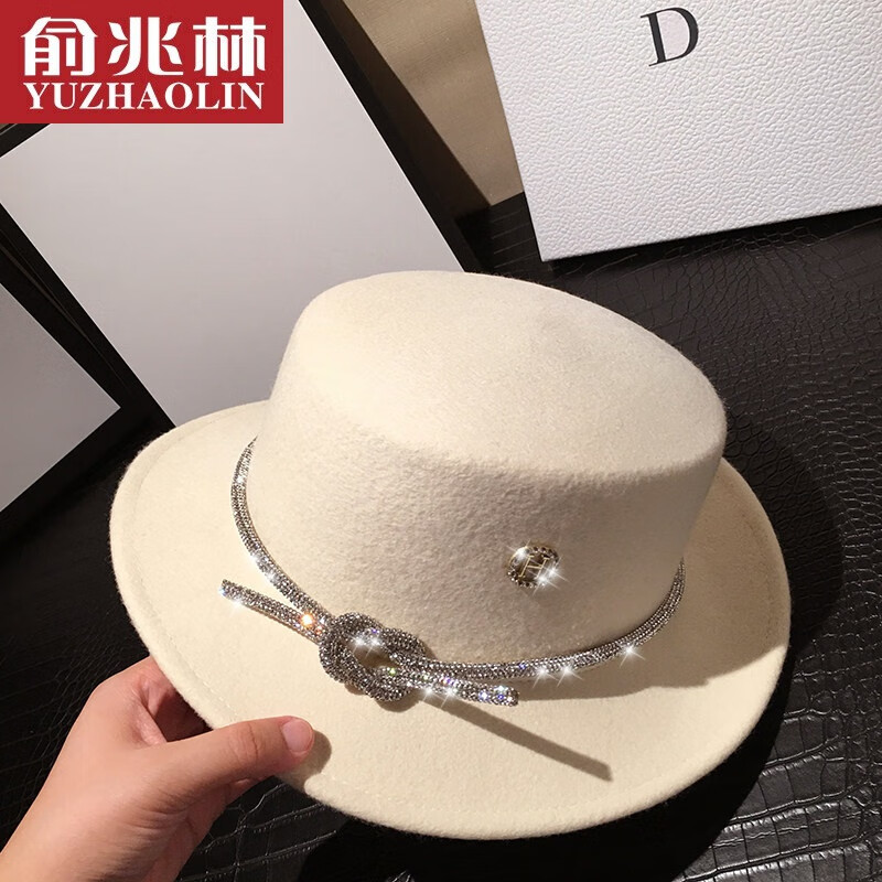 林欧洲站新款高端羊毛呢礼帽子女秋冬季名媛平顶爵士帽复古潮流 白色