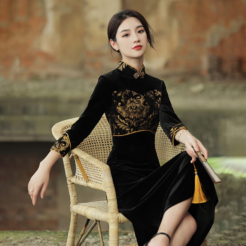 亲在长袖旗袍裙秋冬长款金丝绒气质高贵复古新中式国风裙子高端礼服裙 黑色 XL