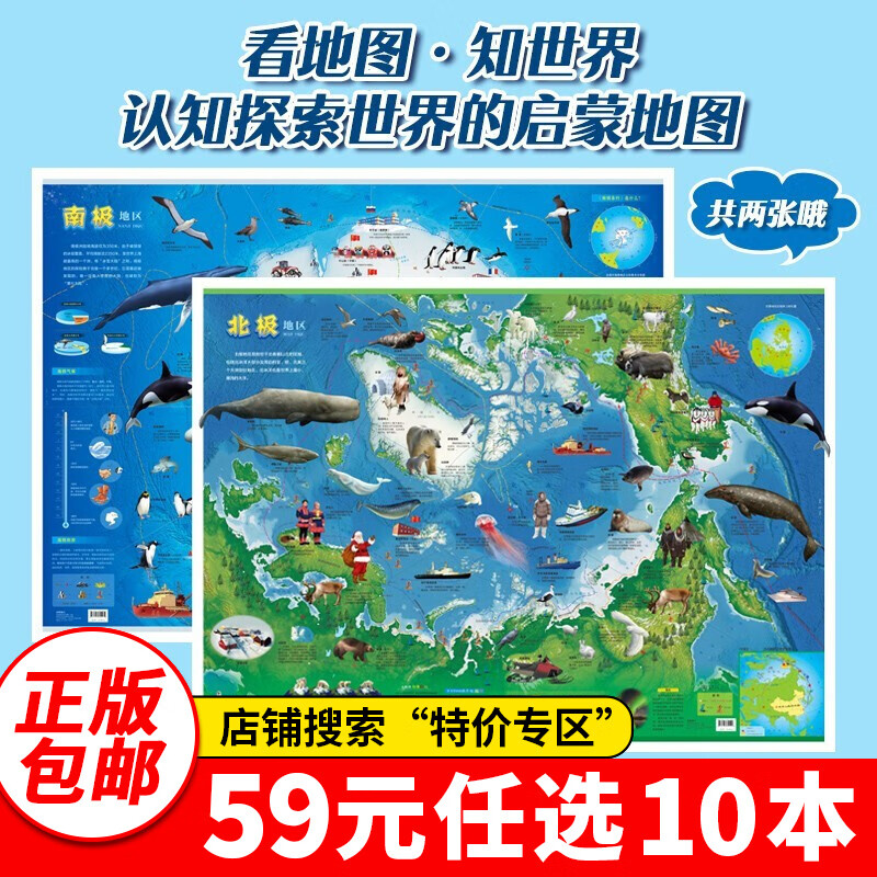 特价专区59元10本特价专区新版 2022中国地图和世界地图2张墙贴中小学生通用大尺寸高清地图儿童房专用地理百科知识挂图家用地图 【南极地图+北极地图】