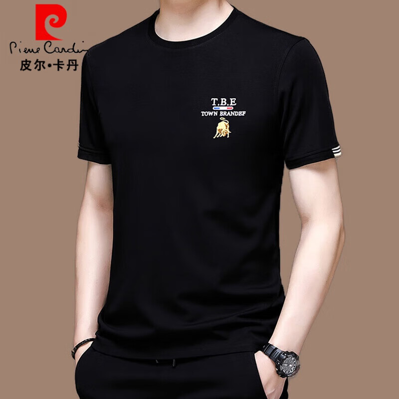皮尔卡丹（pierre cardin）冰 丝短袖t恤男2026新款夏季圆领半袖修身薄款桑蚕丝体恤衫潮 黑色19360款 180/2XL 【155斤-170斤】
