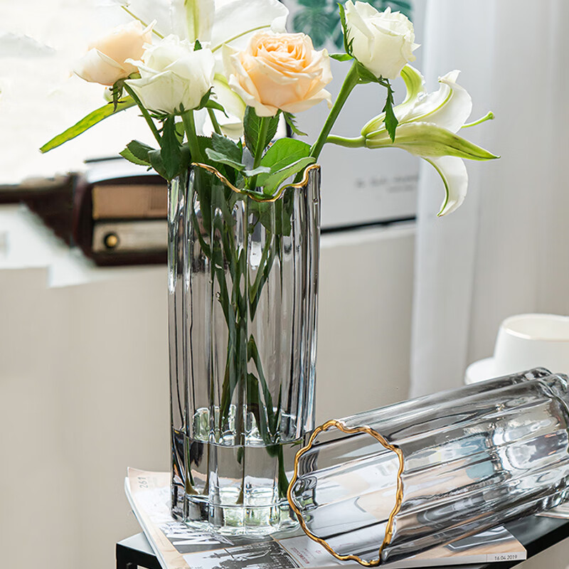 京东鲜花 轻奢金边花瓶 透明玻璃水养鲜花百合插花花器客厅餐桌装饰摆件