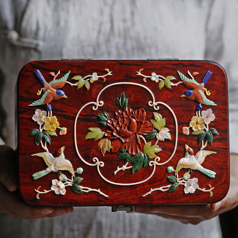 康御红小叶紫檀百宝嵌富贵吉祥首饰盒高级感中式梳妆盒百宝箱结婚礼物