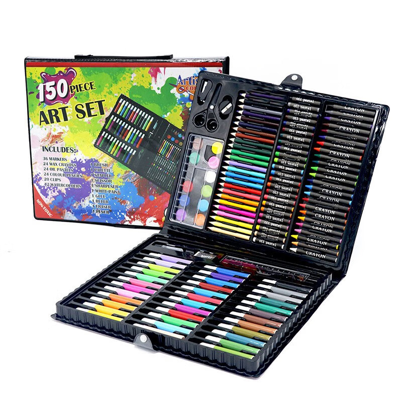 150件套画笔水彩笔儿童3-8岁文具画画蜡笔套装开学礼盒4-12岁小学生幼儿园送孩子绘画礼物 150件套-黑盒