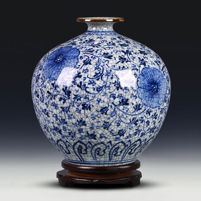 中式家居客厅插花器桌面玄关工艺品 仿古青花缠枝莲裂纹石榴花瓶大号